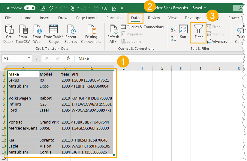 delete rows with no data in excel