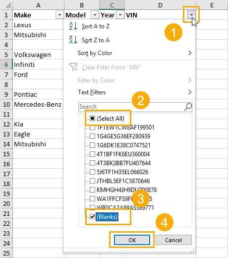 how to filter and delete blank columns in excel