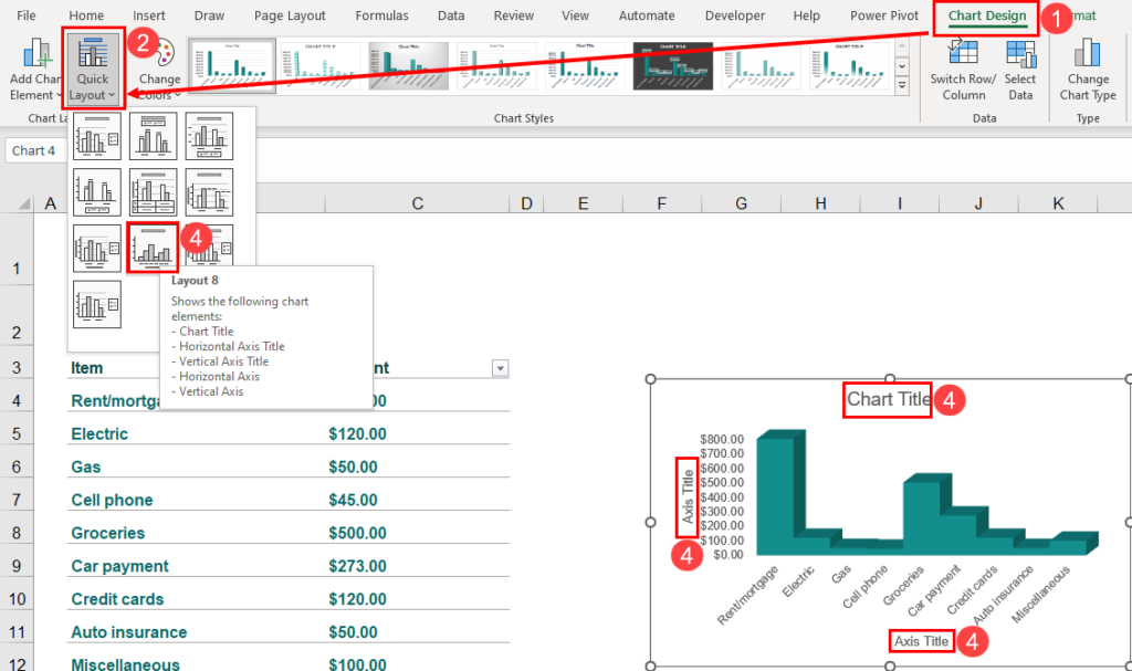Add axis titles in Excel using Quick Layout tool