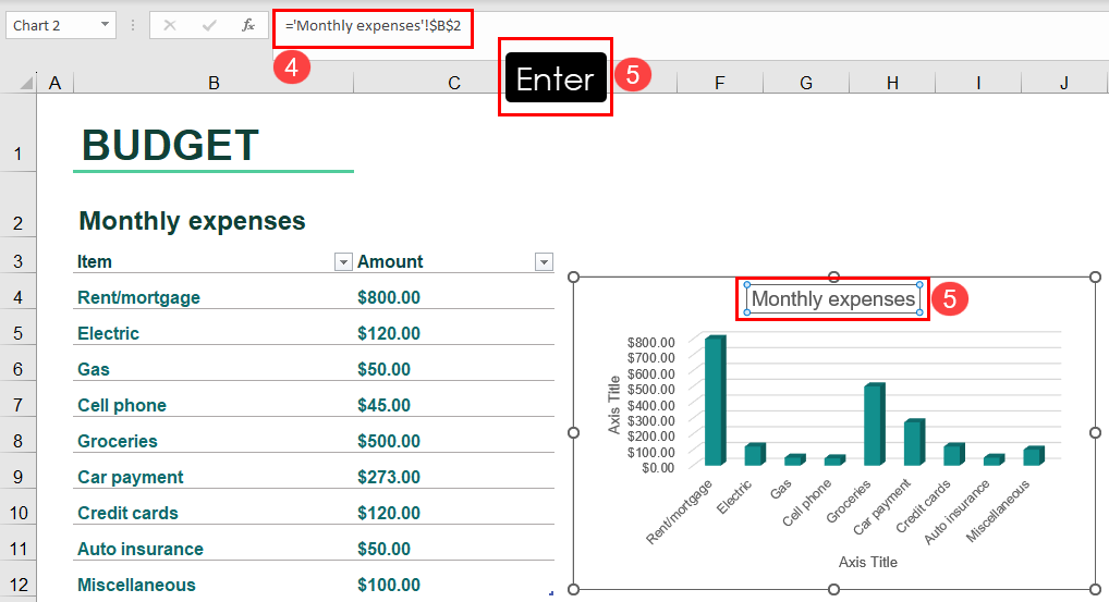 Add axis titles in Excel using the formula bar