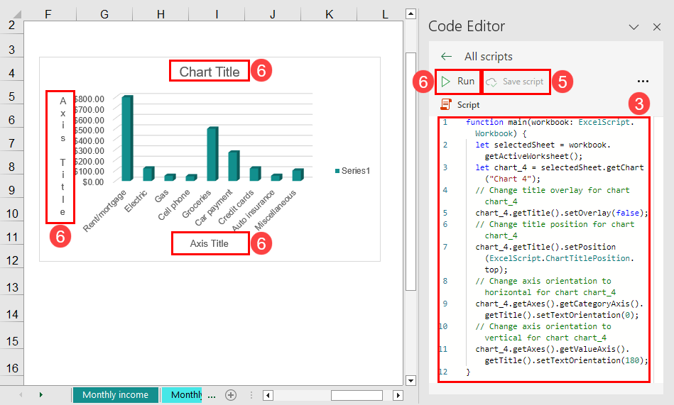Adding chart and axis titles in Excel using Office Scripts
