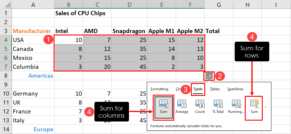 Excel 快速分析工具中的自动求和