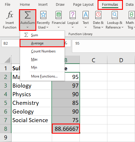 在 Excel 中使用自动求和计算平均值