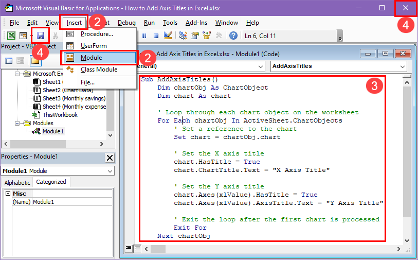 Axis titles VBA code