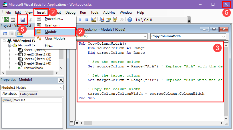 Create a VBA script to copy column width in Excel