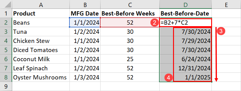 Dynamically adding weeks to dates in Excel