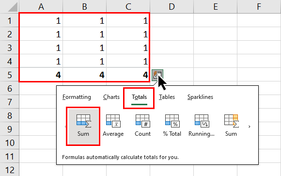 在快速分析工具中查找 Excel 中的自动求和