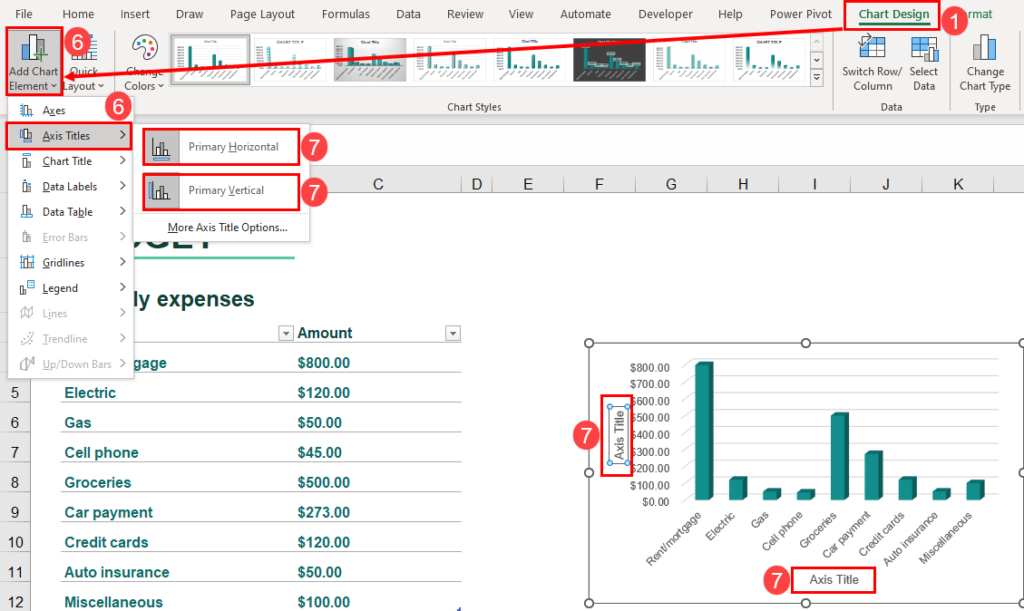 How to add axis titles in Excel using Chart Design tab