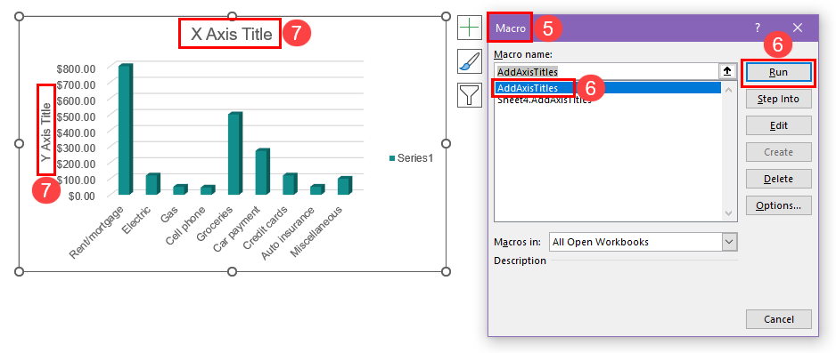 How to add axis titles using VBA script
