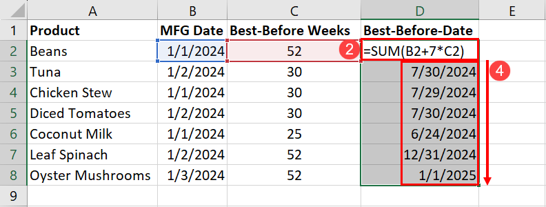 Using SUM to add weeks to dates in Excel