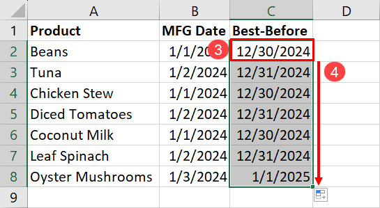 Using the fill handle to copy formula