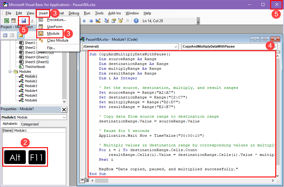 write a VBA code to pause VBA