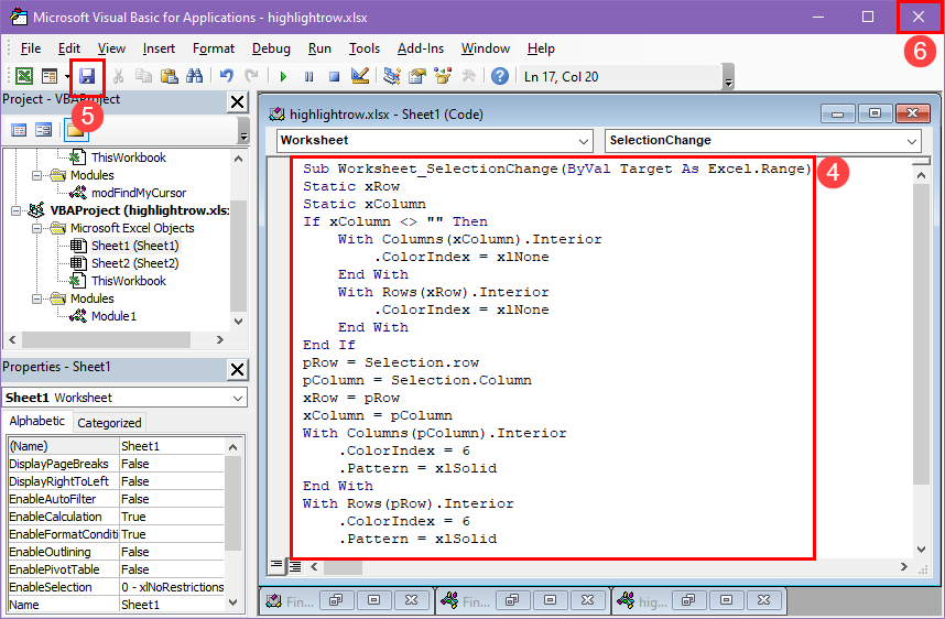Add code and close VBA
