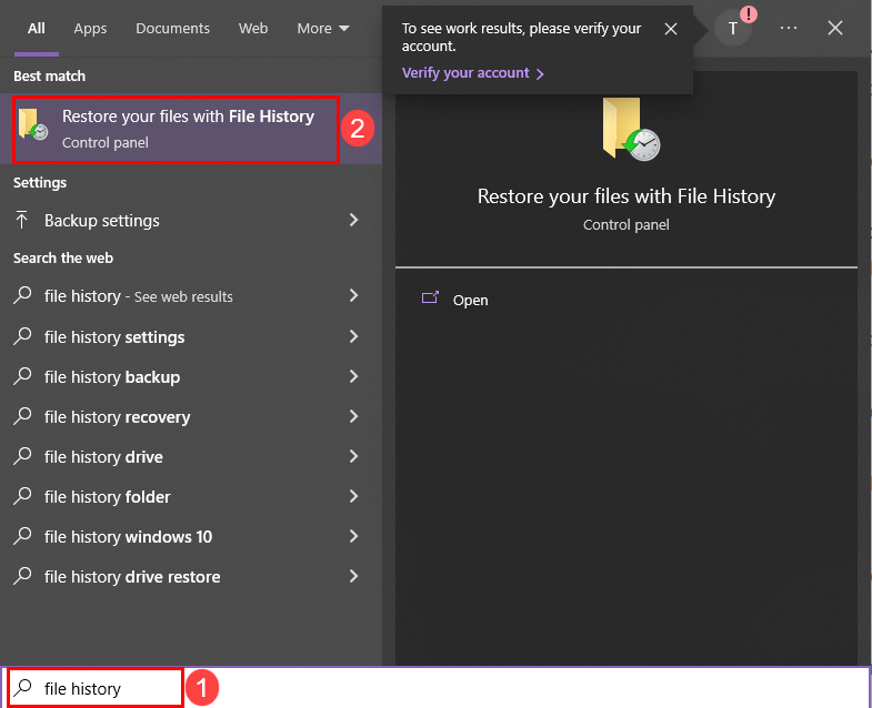 File History on Start menu