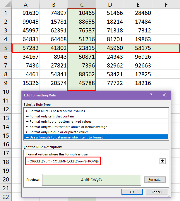 Highlighting active column and row using conditional formatting