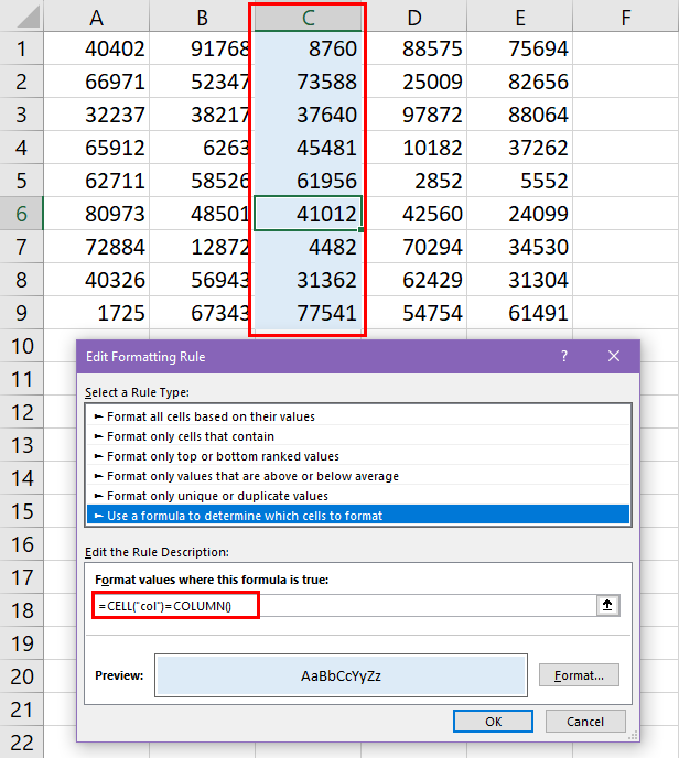 Highlighting active column using conditional formatting