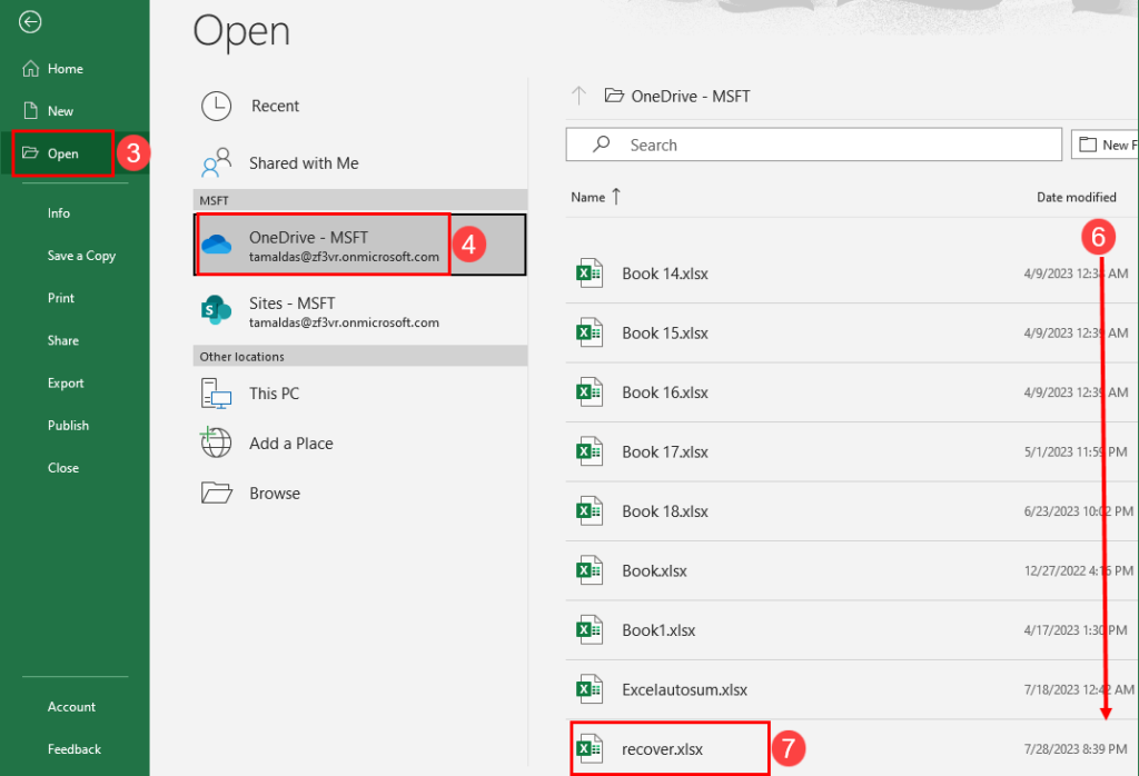 Open find and restore deleted Excel file
