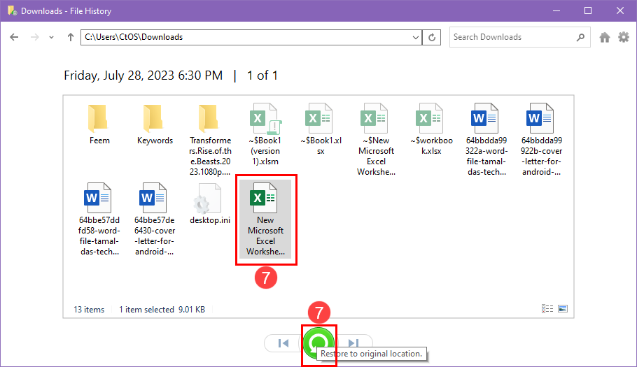 Restoring Excel files from File History tool