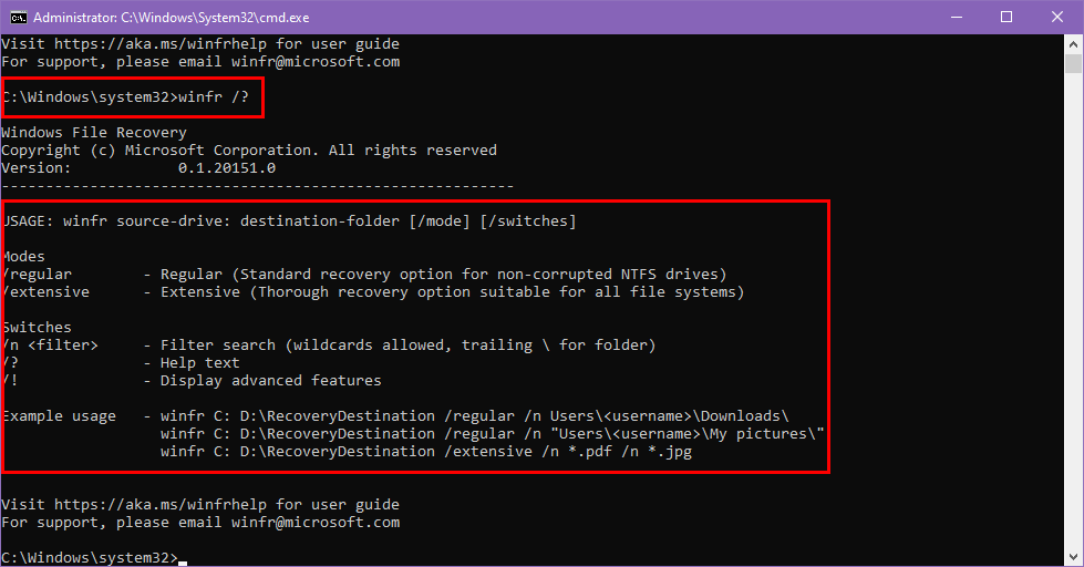 Running WINFR help command