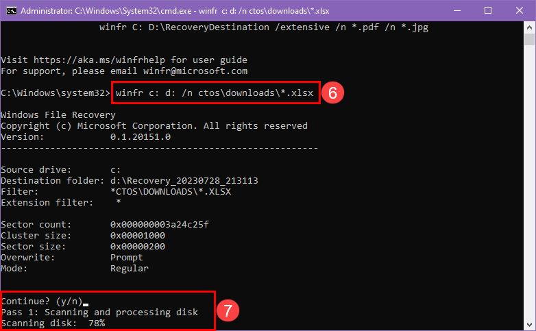 Running file recovery command on winfr