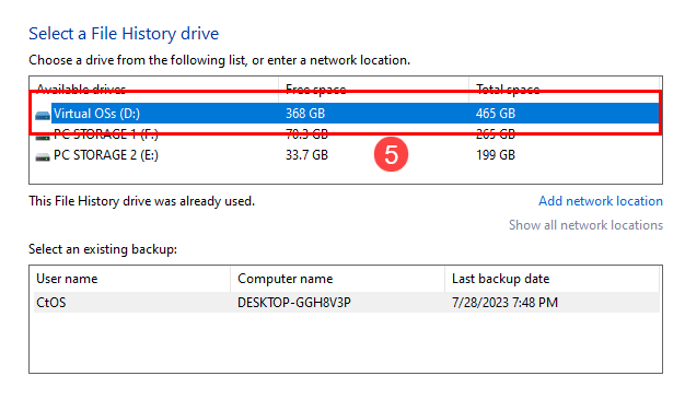 Select drive for File History backups