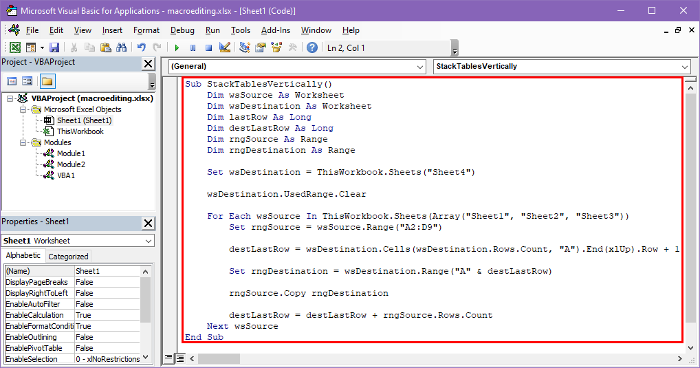 A VBA code of a macro