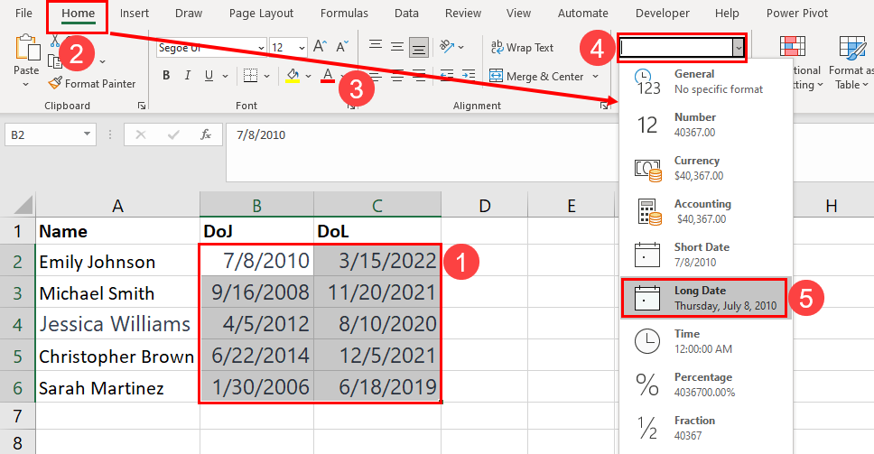 Change date format in Excel using Number block
