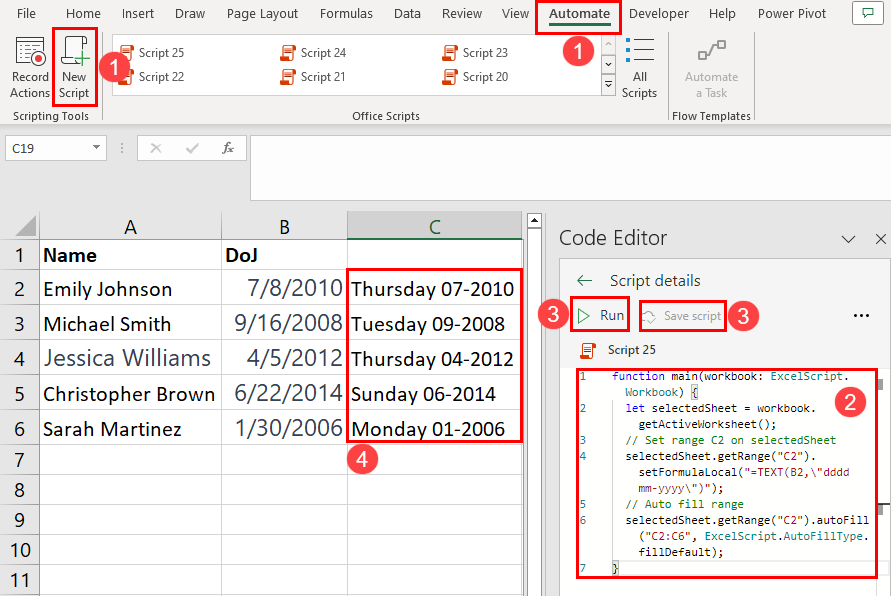 Change date format in Excel using Office Scripts