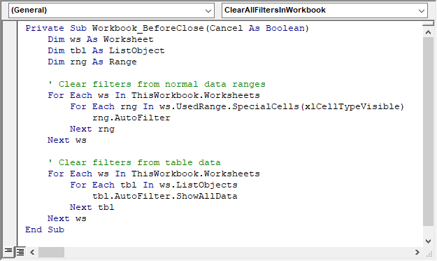Clear All Filters When Closing the Excel File