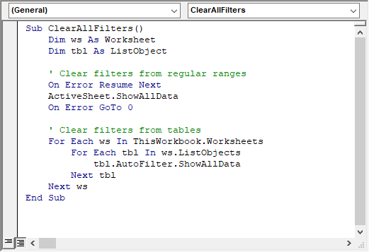 Clear all filters Excel active worksheet