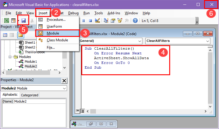Create a VBA code to clear filters
