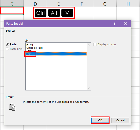 Highlight and choose CSV for importing