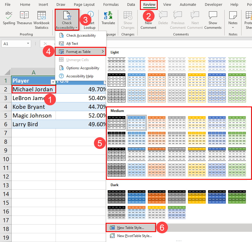 How to change Excel table styles using Accessibility feature