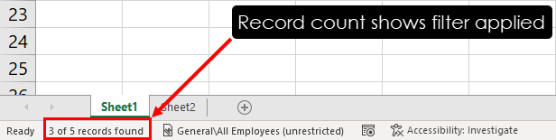 Record count of X out of Y means active filter