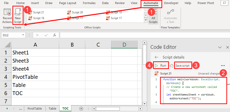 Use Office Scripts to list all sheets in a new sheet