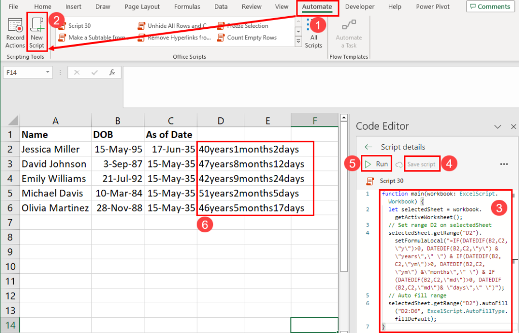 Using Office Scripts to calculate age in Excel