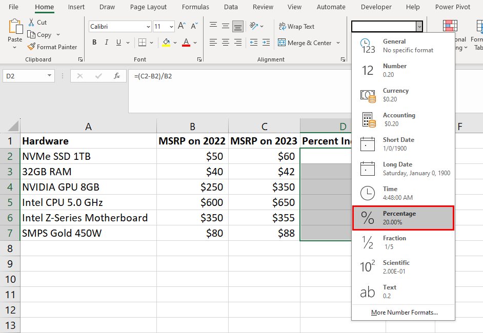 Choose percentage in General drop-down