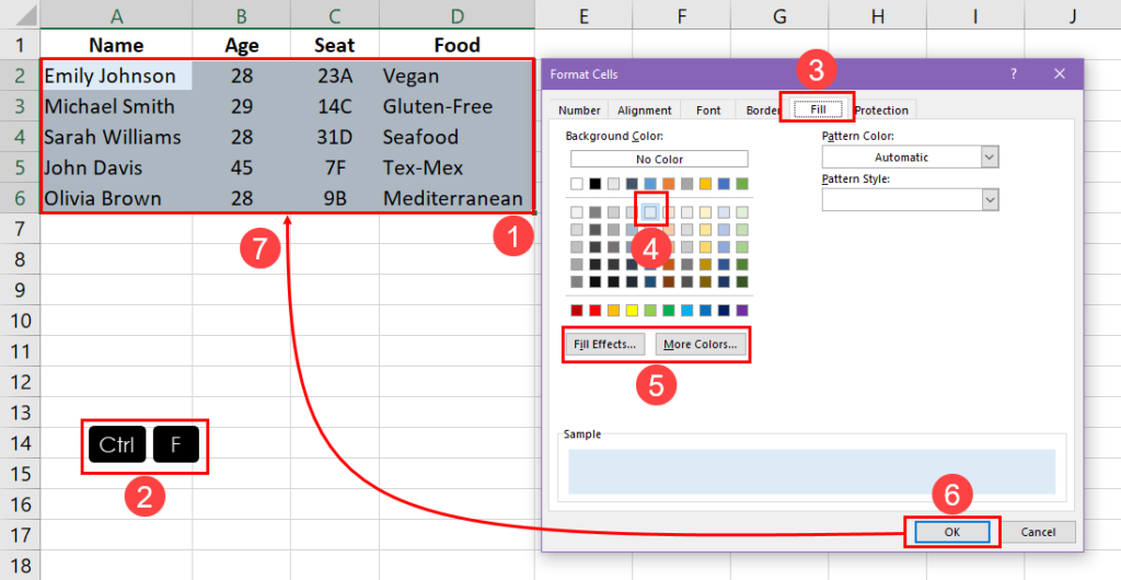 Coloring Excel cells using Format Cells dialog box