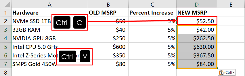 Copy and paste percentage of increase formula Excel