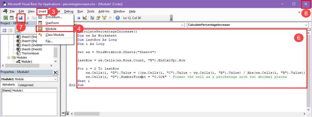 Create a VBA script for formula for percentage increase Excel
