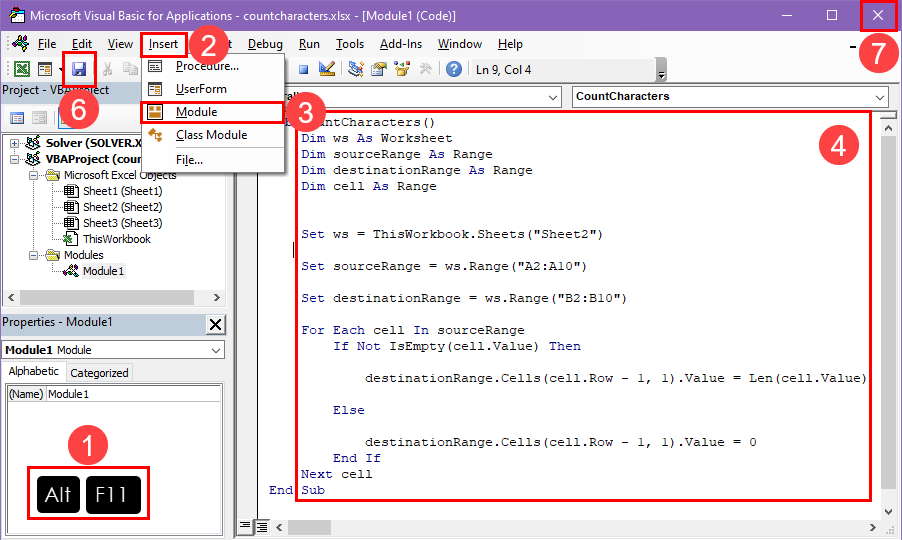 Create a VBA script to count characters