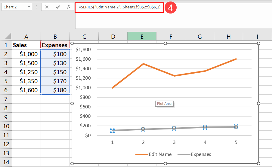 Editing the series name in the formula bar