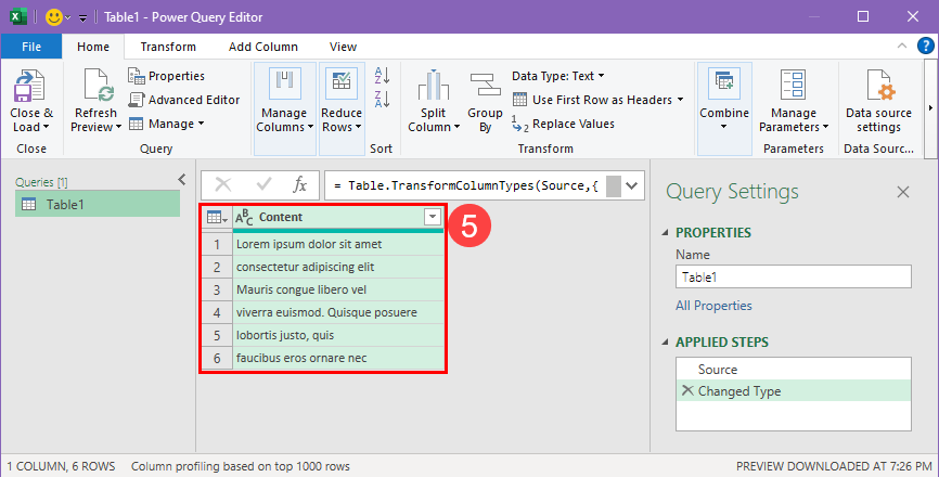 Excel dataset in Power Query Editor