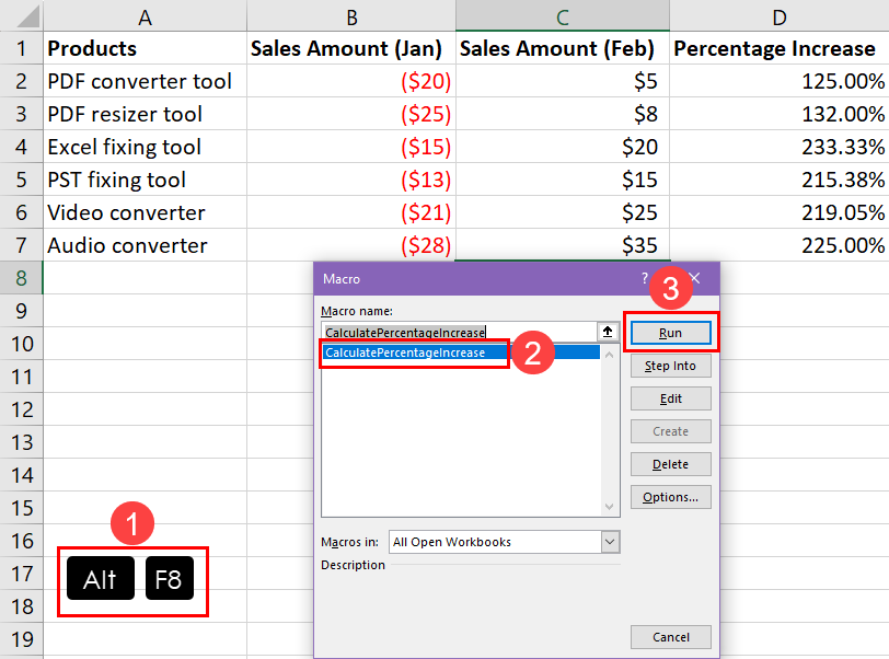 Running VBA for percentage of increase formula Excel