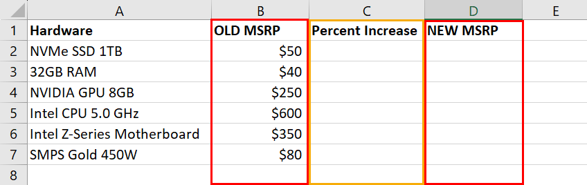 Sample set for Excel formula percentage change