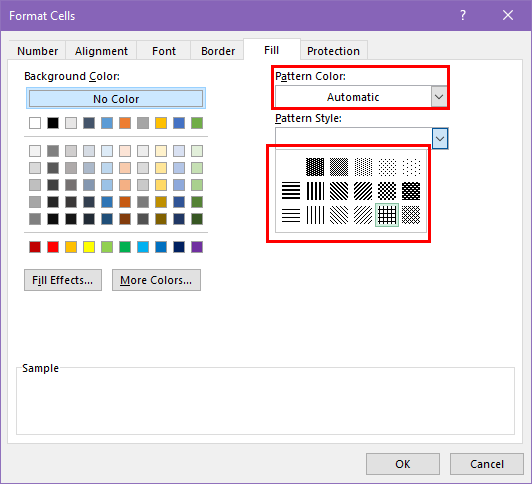 Various pattern color and styles on format cells