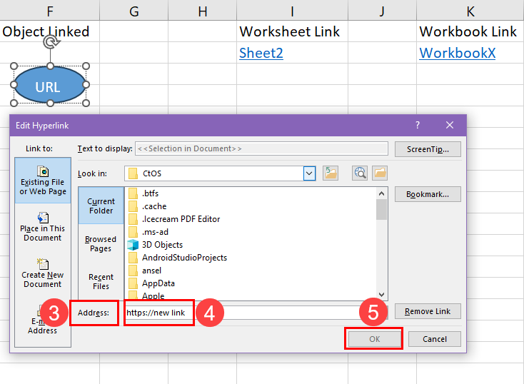 Changing the destination address in an object hyperlink