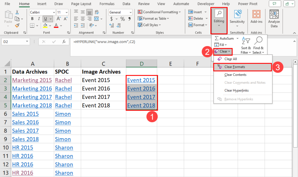 Clear formats tool to remove hyperlinks
