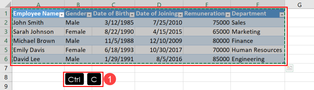 Copy a table in Excel