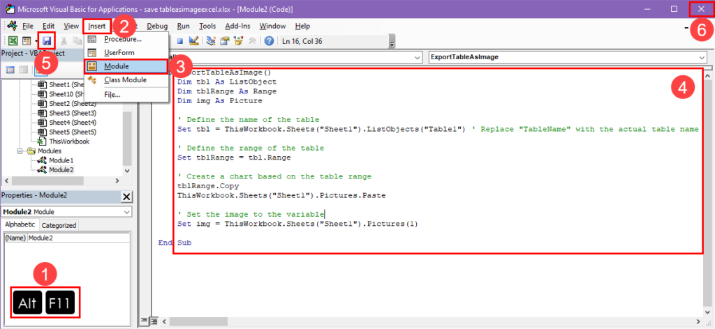 Create a VBA script to save table as image